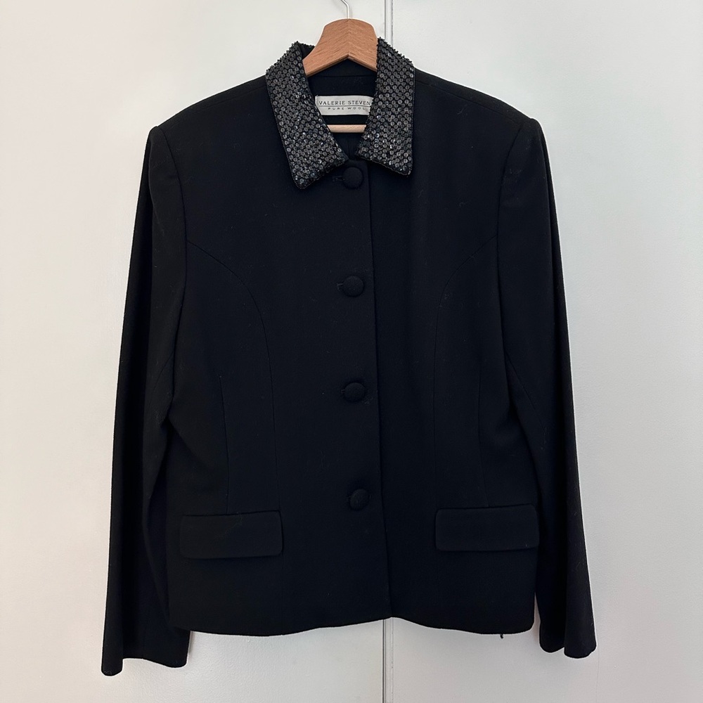 Vintage wool black blazer oversized sequined collar